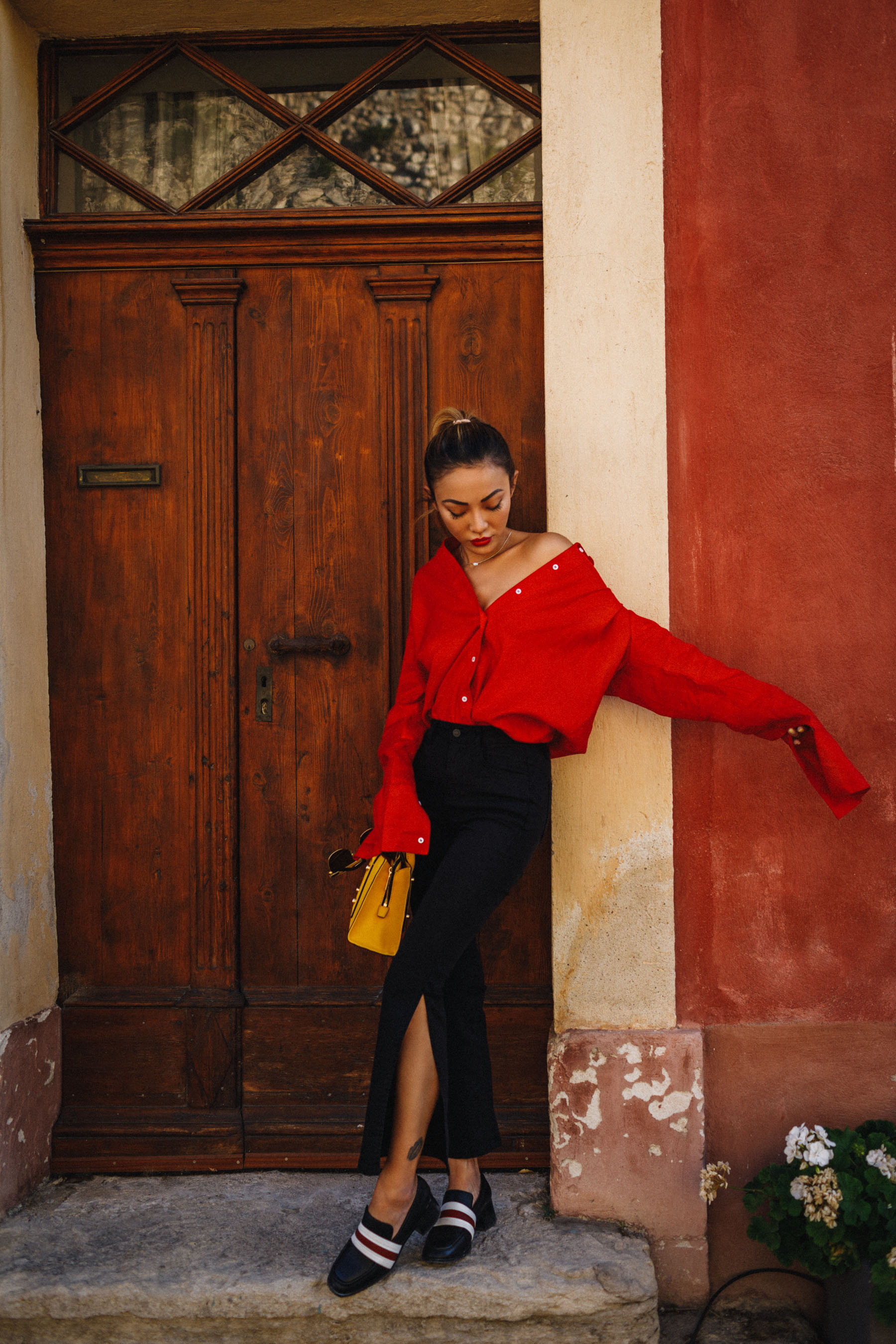 Elevate your everyday outfit with statement color mini bags - red blouse and botkier yellow shoulder bag // NotJessFashion.com
