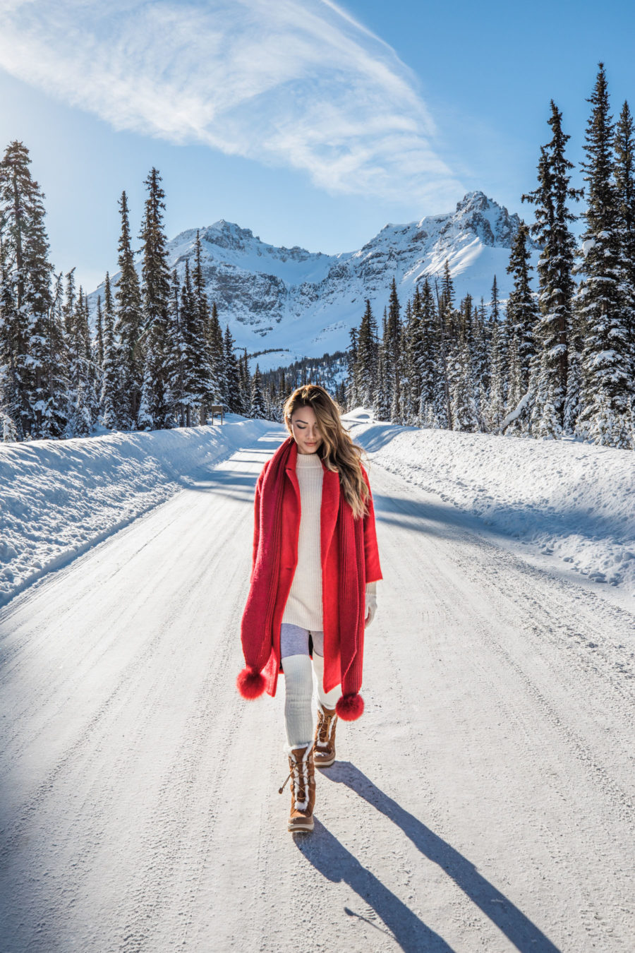 Banff Travel Guide - Red Coat with Pom Pom Scarf and Snow Boots // Notjessfashion.com