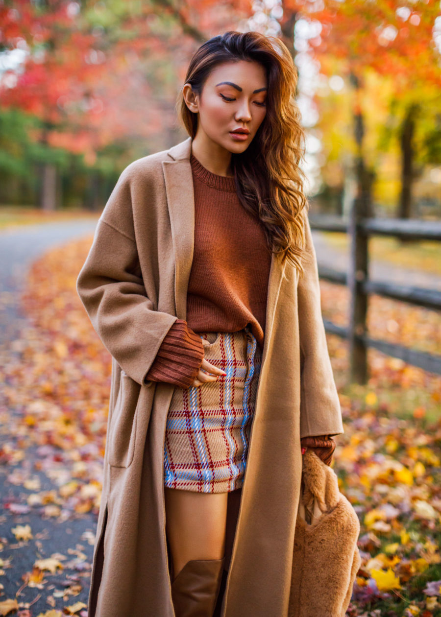 my recent summer to fall transition outfits - camel monochromatic, Plaid Mini Skirt with Over the Knee Boots and Camel Coat // Jessica Wang - Notjessfashion.com