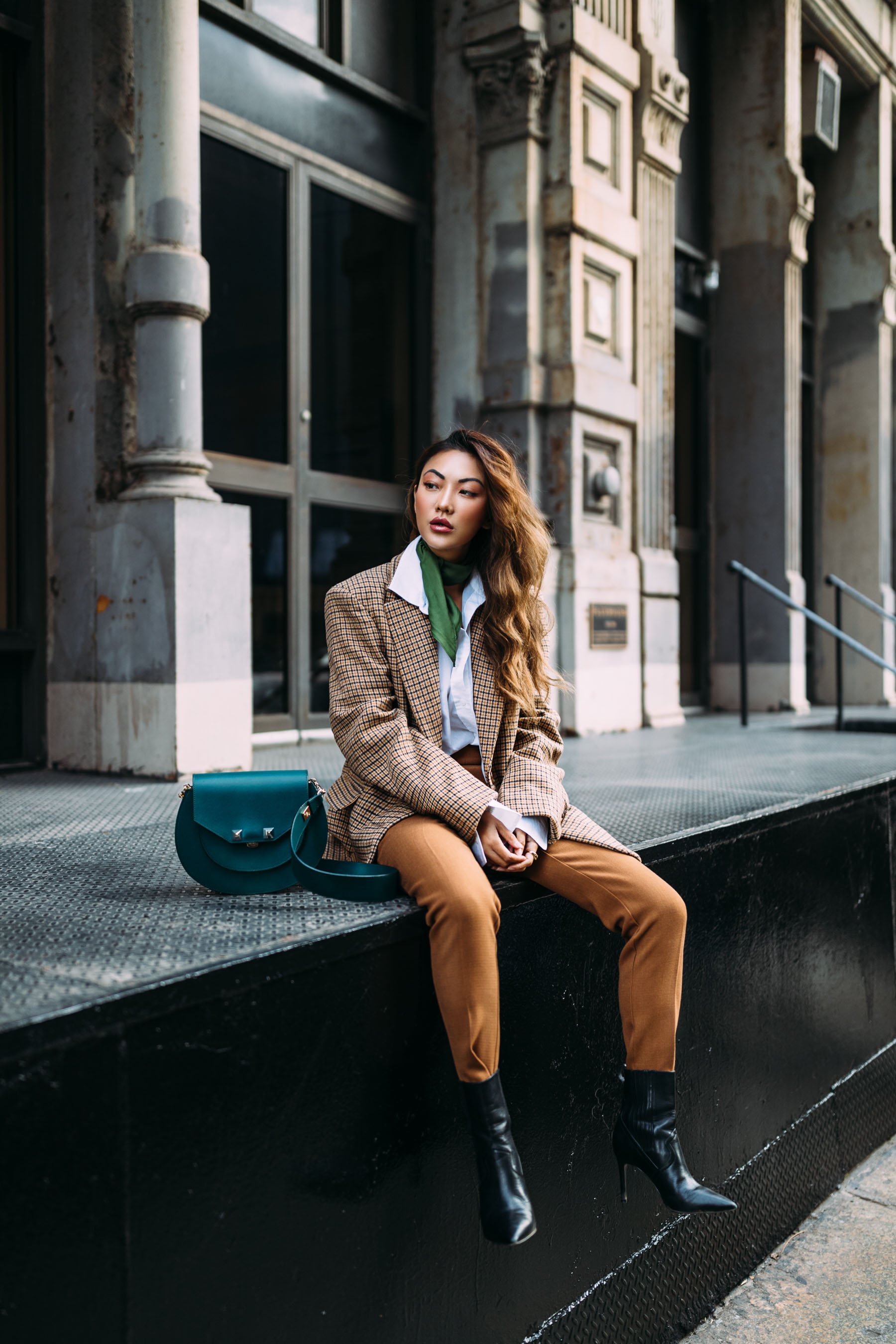 How to add color to your winter wardrobe - Green neck scarf with plaid blazer // Notjessfashion.com