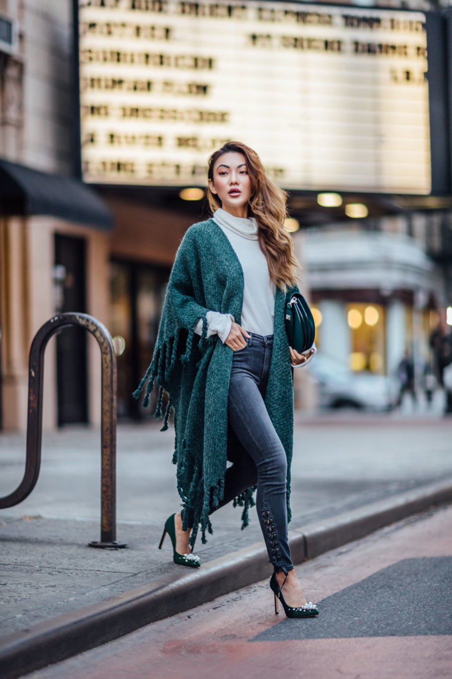 Fashion Details to Step Up Your Winter Look - Fringe Kimono, Lace up jeans, embellished pumps // Notjessfashion // Jessica wang, winter outfits, stylish winter outfit, fashion blogger, street style, winter street style, green satin pumps, nine west heels, fringe details, asian blogger