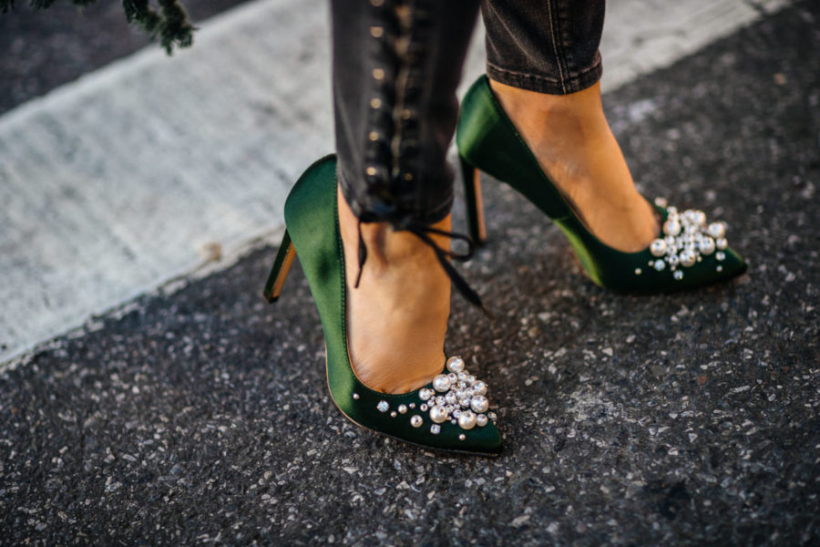 Fashion Details to Step Up Your Winter Look - green satin pumps, satin heels, embellished pumps // Notjessfashion // Jessica wang, winter outfits, stylish winter outfit, fashion blogger, street style, winter street style, green satin pumps, nine west heels, fringe details, asian blogger, salar bag, green outfits, shoe trends