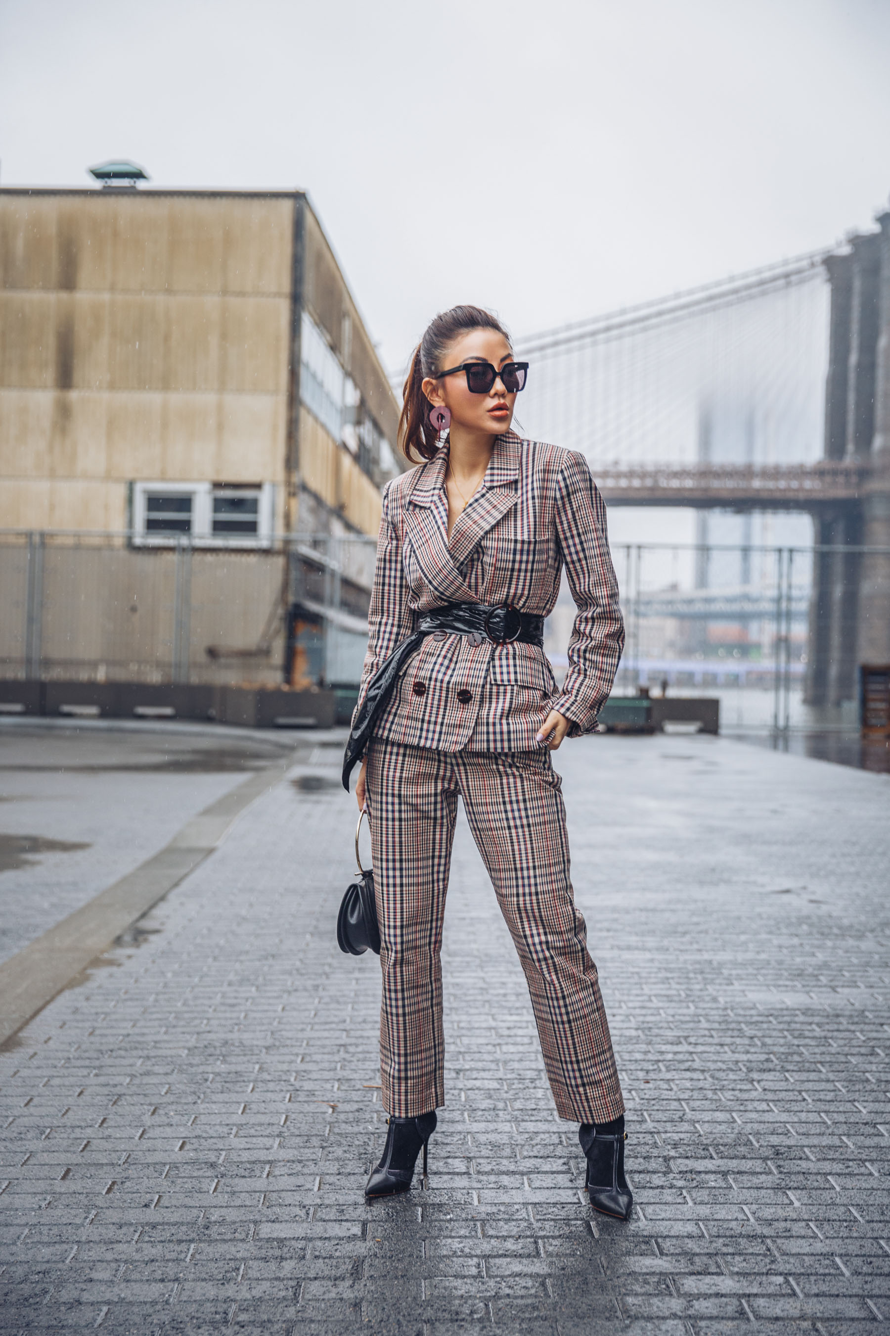 NYFW Day 4 - NotJessFashion going to Tibi Show // Notjessfashion.com // Plaid Suit with Leather Belt and Square Sunnies, NYFW 2018 street style