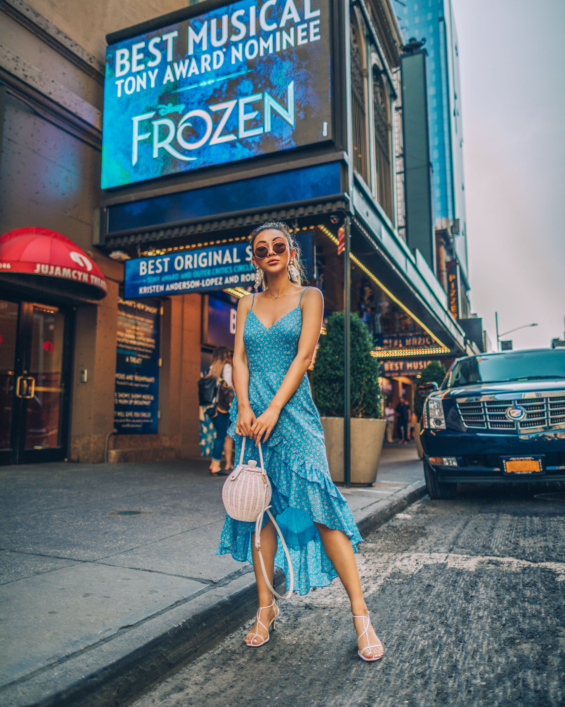 Outdated shoe trends and what to replace them with - Frozen Broadway, Blue Ruffle Dress, square toe sandals // Notjessfashion.com