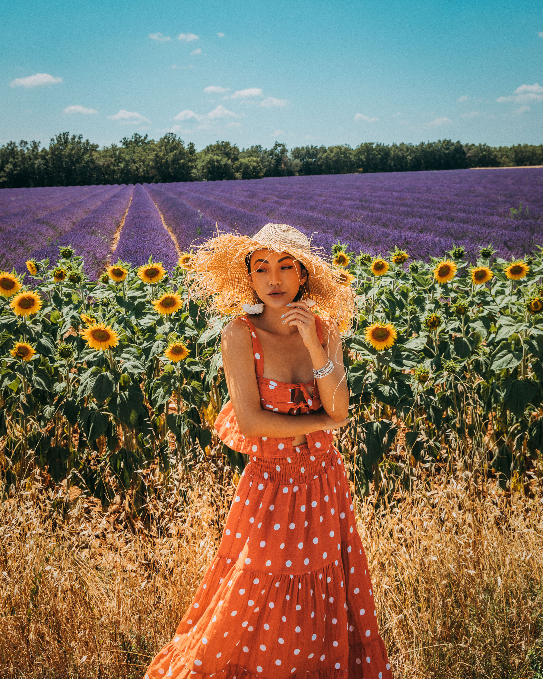 best flower fields of instagram, sunflowers and lavenders in provence, polka dot dress, frayed straw hat // Notjessfashion.com