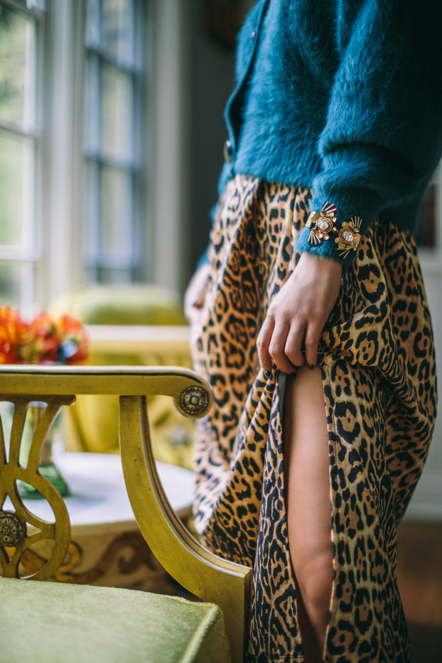 Trends I am ditching in 2020: leopard print dress, blue faux fur cardigan, Mignonne Gavigan jewelry // Notjessfashion.com
