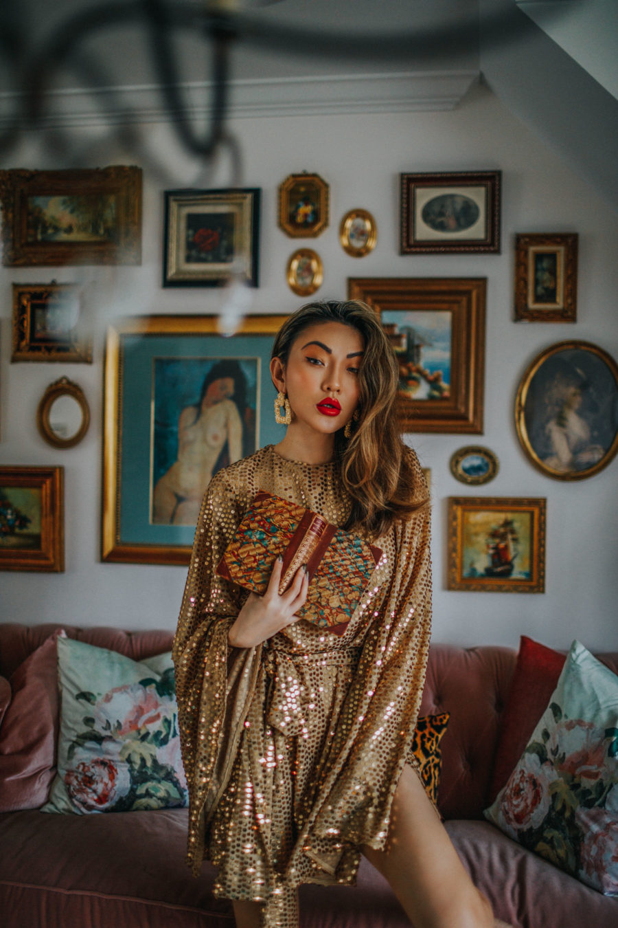 fashion blogger jessica wang wears gold sequin dress with bold red lips // Notjessfashion.com