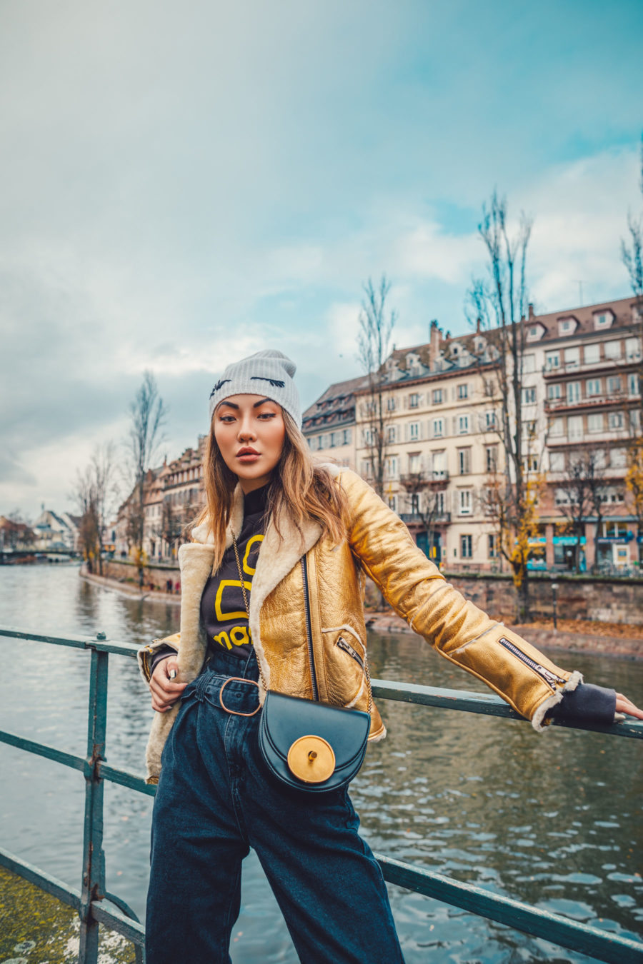 fashion blogger jessica wang wears gold leather jacket in colmar for christmas // Notjessfashion.com