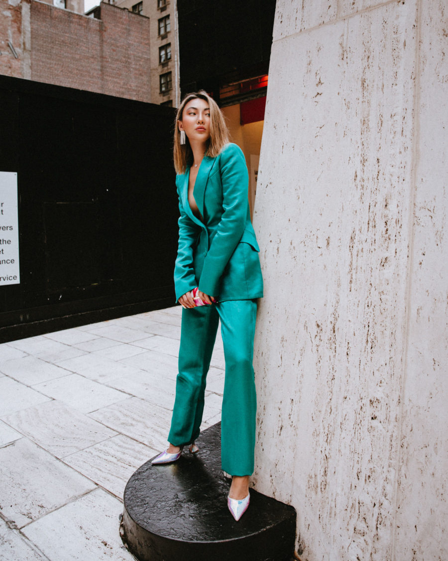 fashion blogger jessica wang wears green power suit and shares tips on how to level up in the workplace // Notjessfashion.com