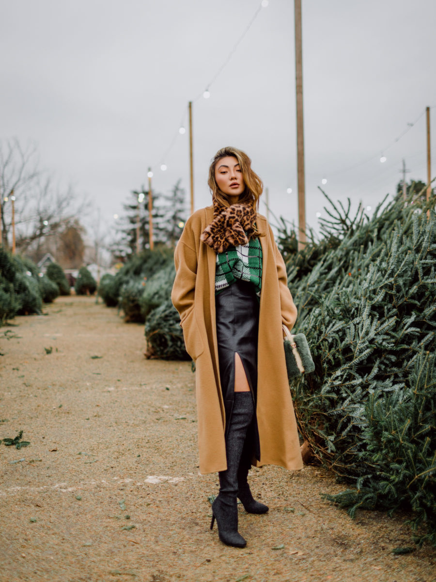 fashion blogger jessica wang wears over the knee boots leather skirt and camel coat for Christmas // Notjessfashion.com
