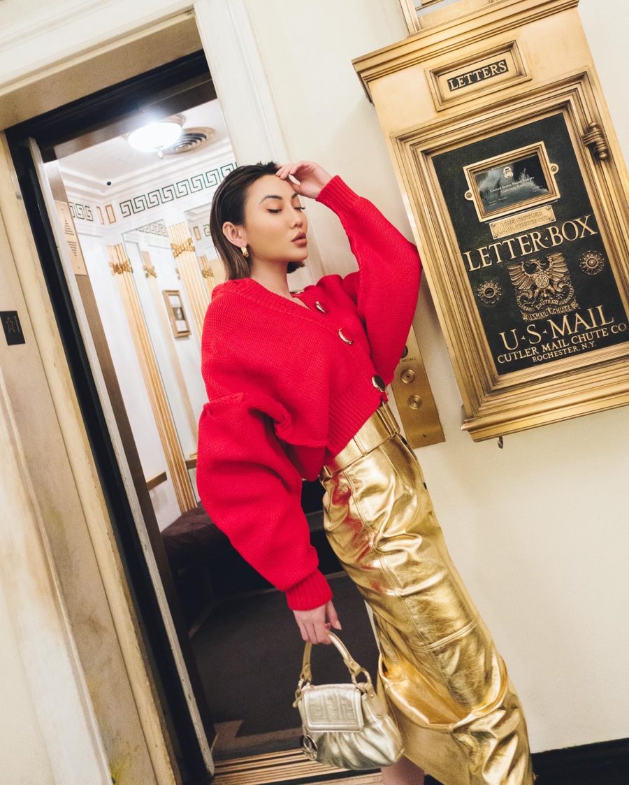Nordstrom Anniversary Sale 2020 - sweater, red cardigan, fendi handbag, gold skirt, nicholas kirkwood sandals// Jessica Wang - Notjessfashion.com