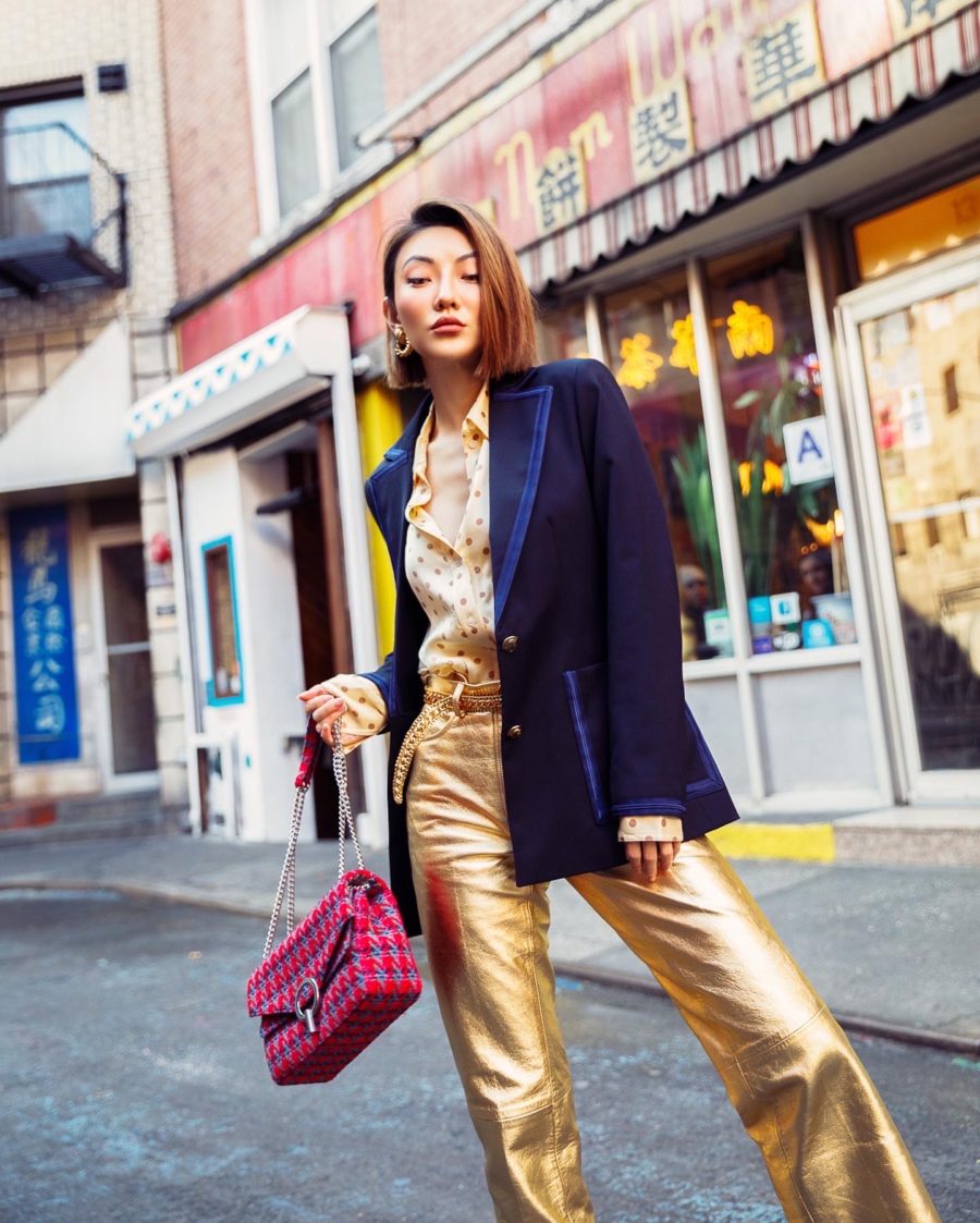 Jessica Wang wearing a blazer with metallic pants while sharing New Year's Eve outfits// Jessica Wang - Notjessfashion.com