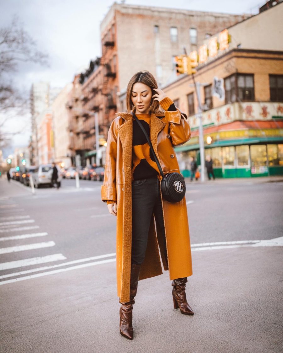 Jessica Wang wearing fall and winter coats featuring a leather trench coat // Jessica Wang - Notjessfashion.com