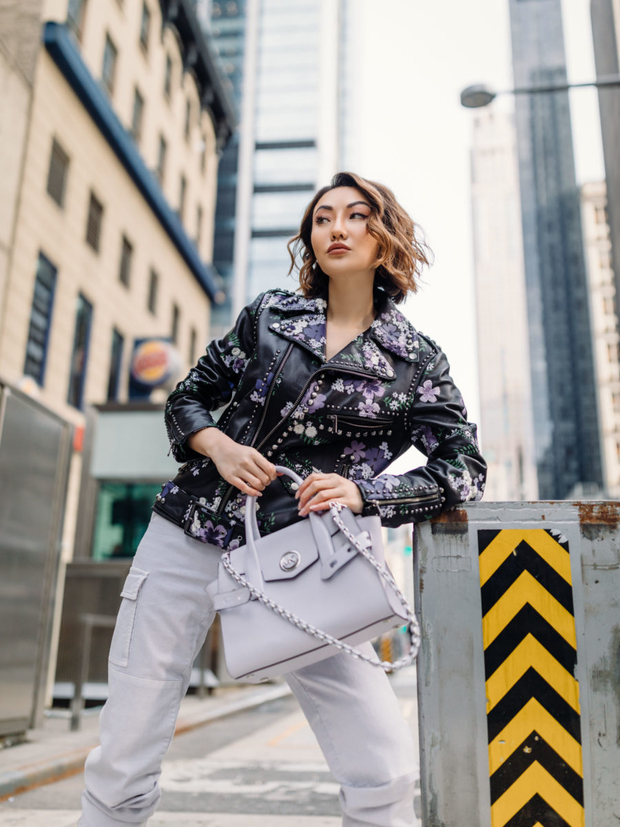 fashion blogger jessica wang wearing spring transitional pieces - michael kors embroidered leather jacket // Notjessfashion.com