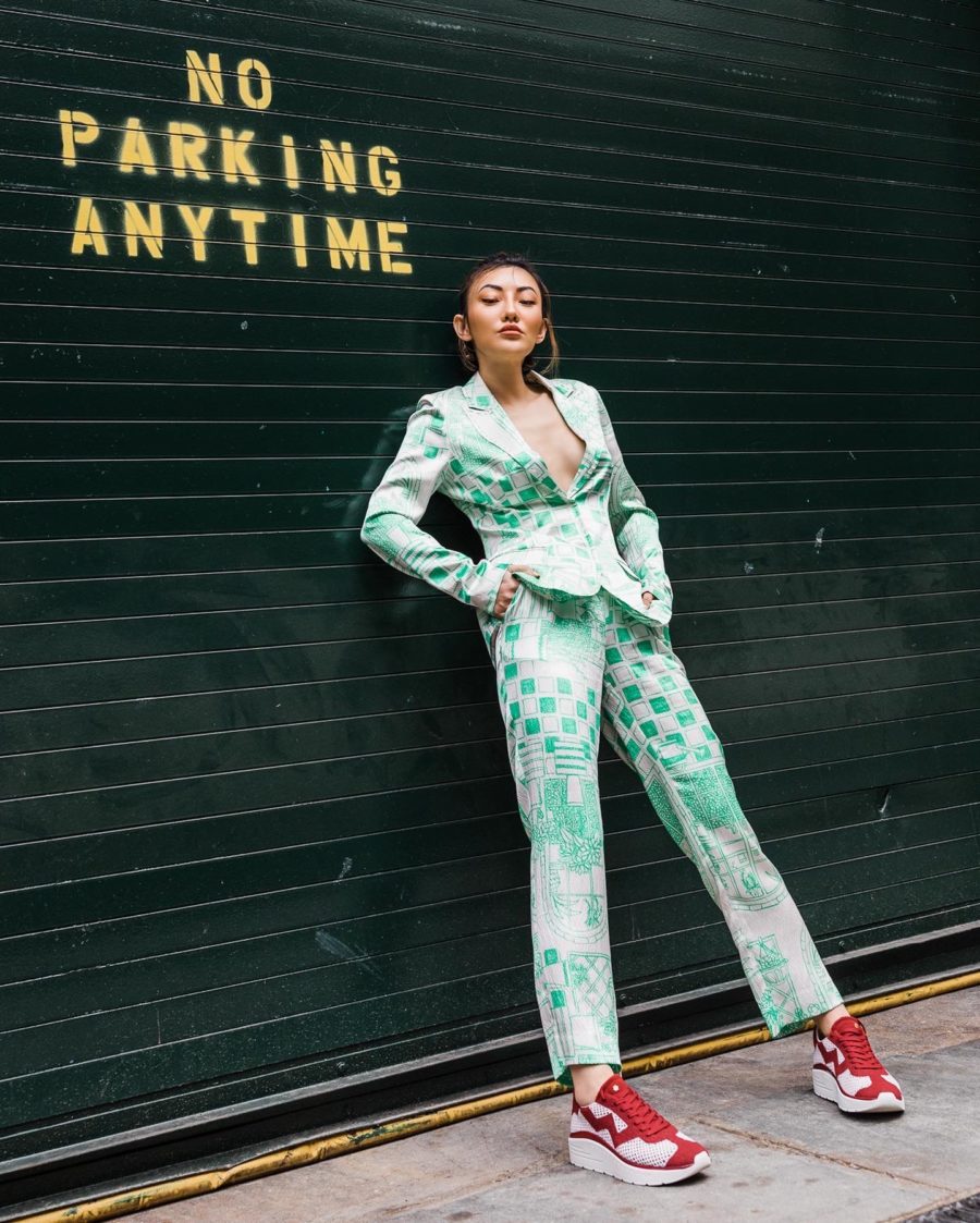 jessica wang wearing a green suit and stuart weitzman hartlee sneakers sharing her favorite fashion and lifestyle brands // Jessica Wang - Notjessfashion.com