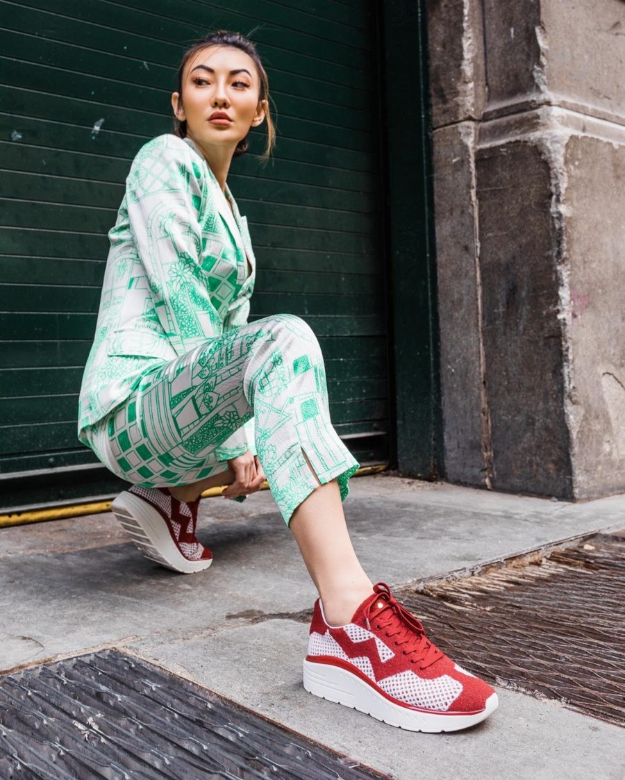 jessica wang wearing a green suit and stuart weitzman hartlee sneakers sharing her favorite fashion and lifestyle brands // Jessica Wang - Notjessfashion.com