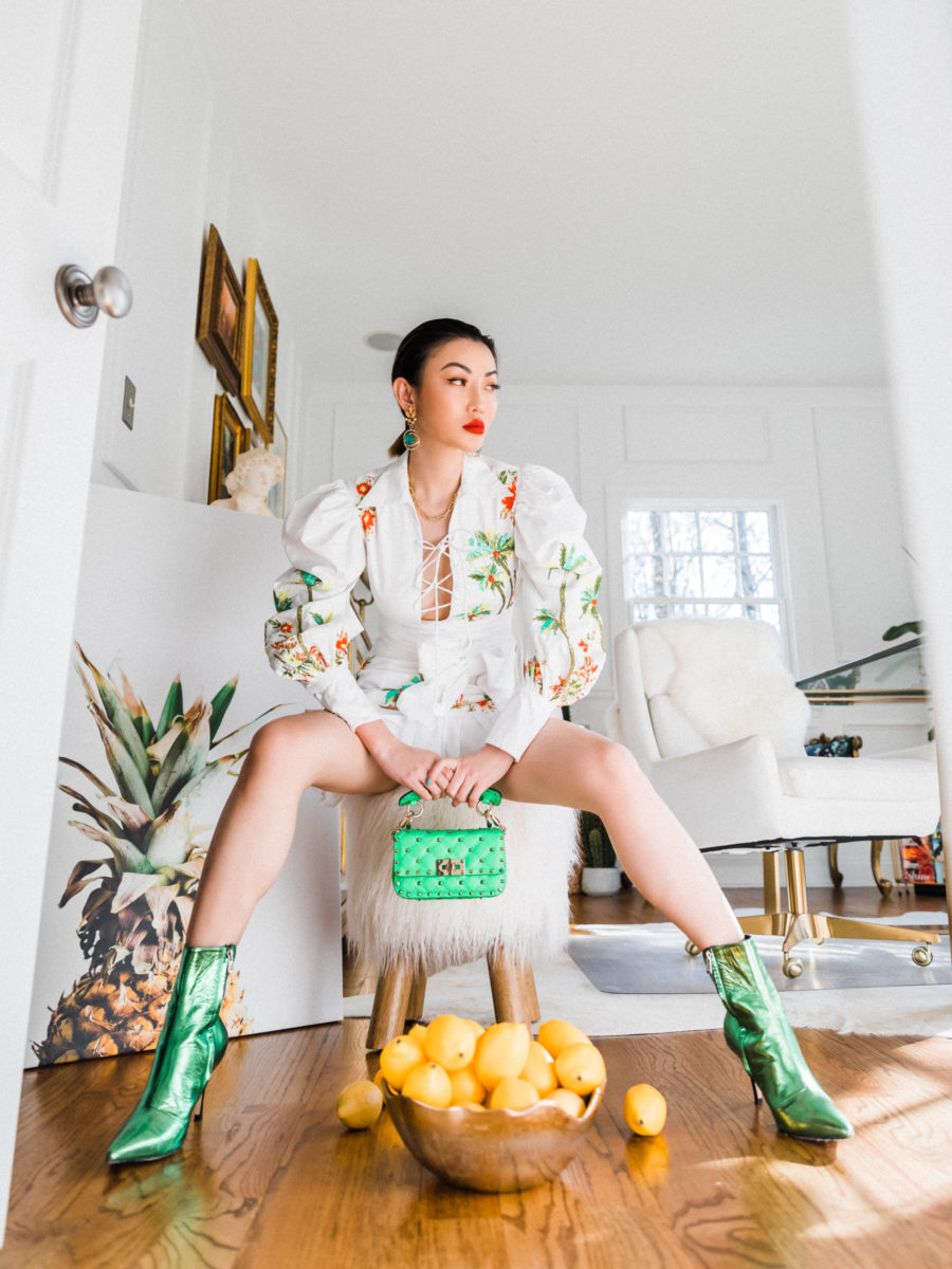 Nordstrom Anniversary Sale 2020 - green valentino garavani leather shoulder bag, green boots, palm tree blouse, white shorts, green necklace // Jessica Wang - Notjessfashion.com