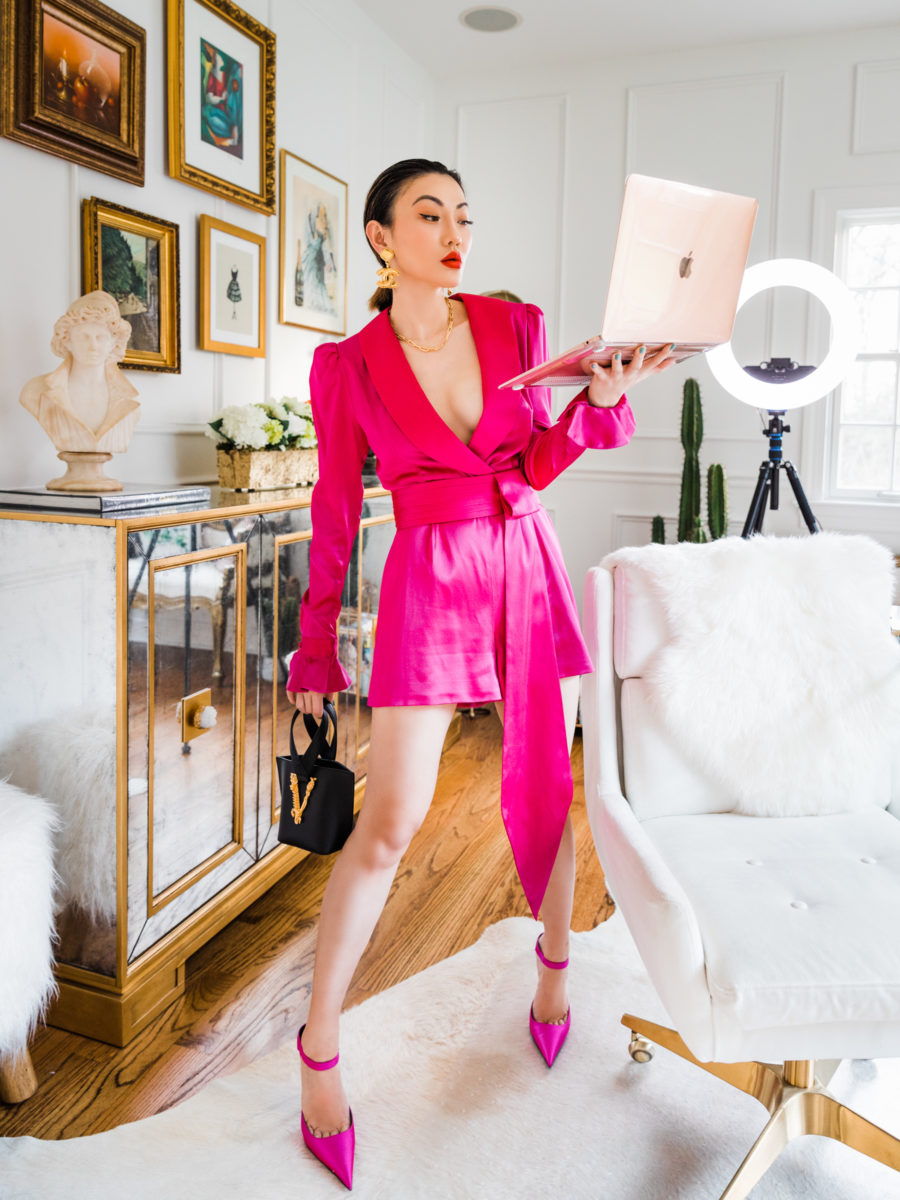 fashion blogger jessica wang wears pink romper in office and shares smart money moves to make now // Jessica Wang - Notjessfashion.com