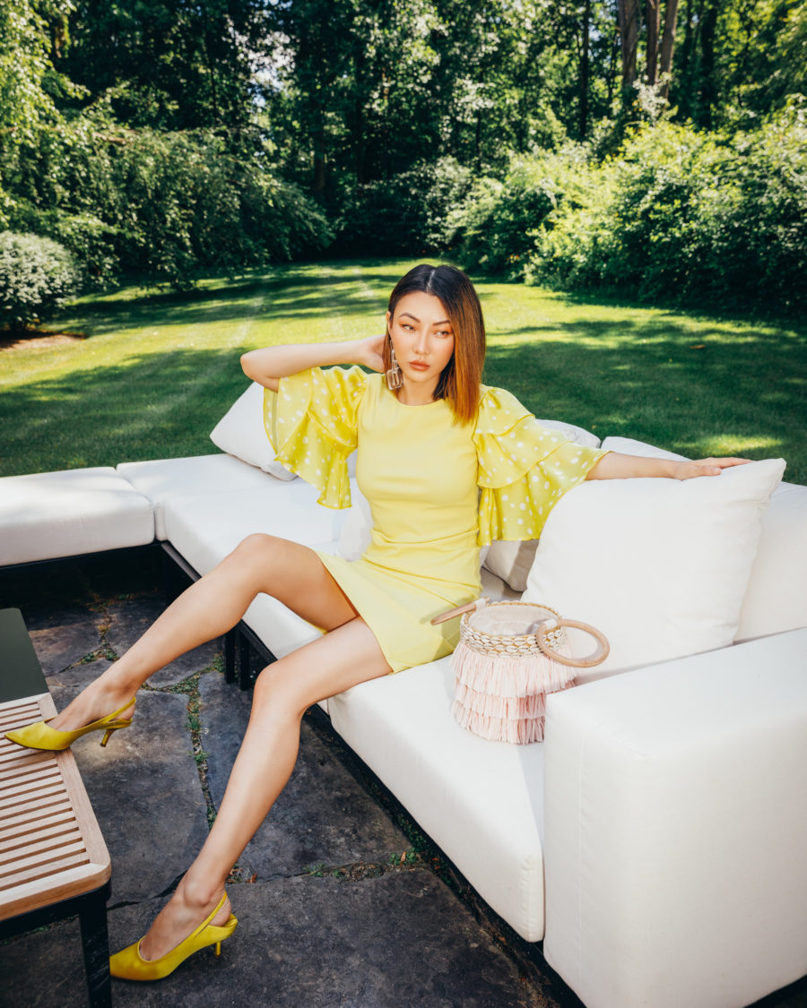 jessica wang x amazon the drop collection yellow sheath dress with tiered sleeves // Jessica Wang - Notjessfashion.com
