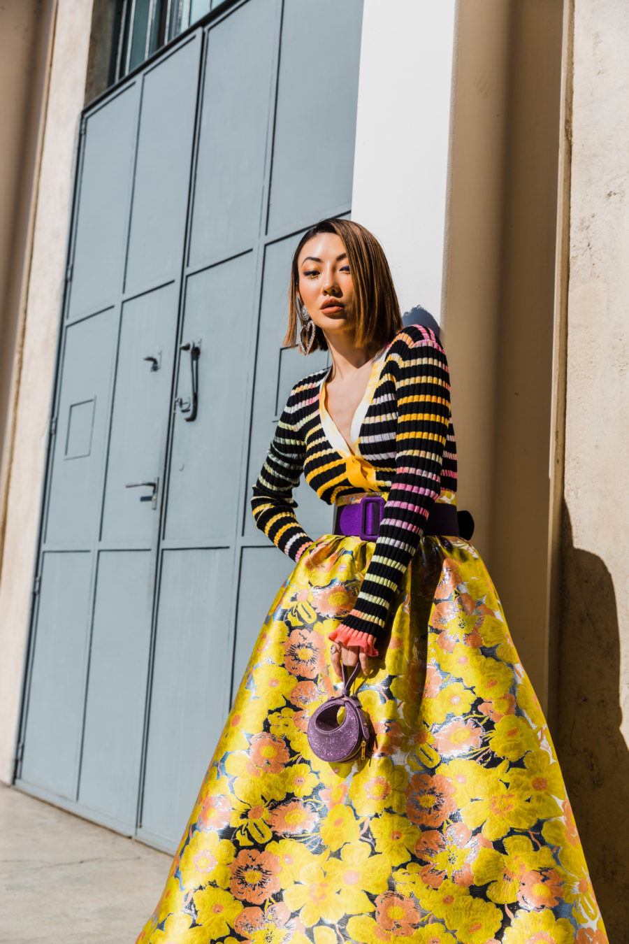 fall 2020 trends featuring metallic skirt and stripe cardigan // Jessica Wang - Notjessfashion.com