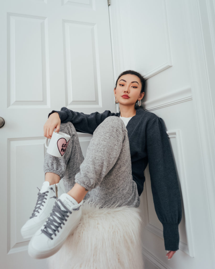 jessica wang wearing a gray cardigan, white tee, sweat pants, and white sneakers // Jessica Wang - Notjessfashion.com