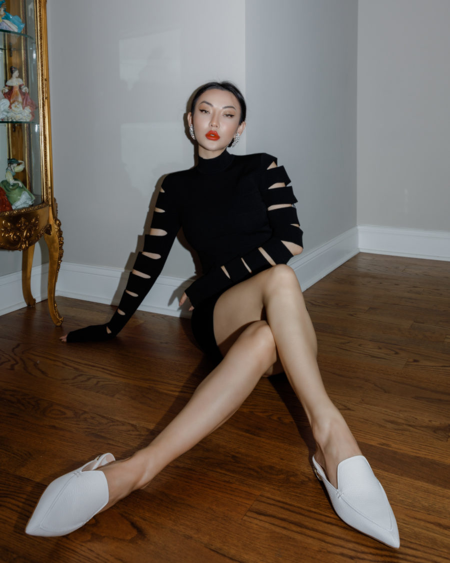 jessica wang wearing a black cut out mini sweater dress with white mules while sharing shoe essentials from the nordstrom anniversary sale // Jessica Wang - Notjessfashion.com