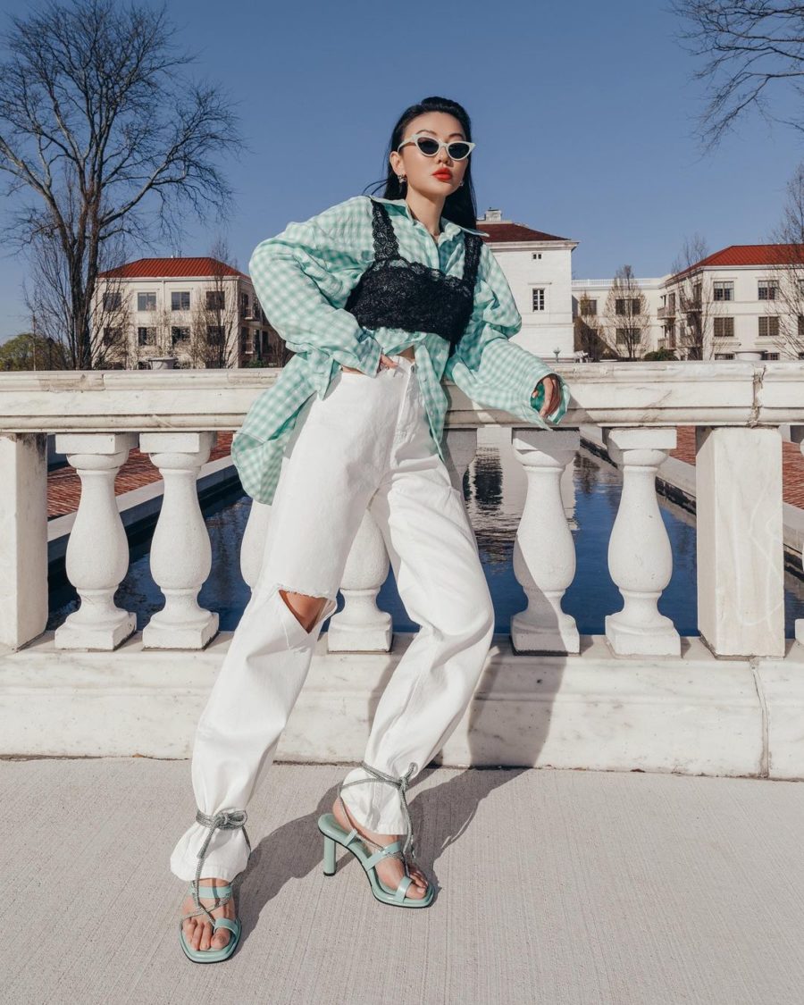 jessica wang wearing a mint button down shirt and white distressed denim jeans, mint green outfit // Jessica Wang - Notjessfashion.com