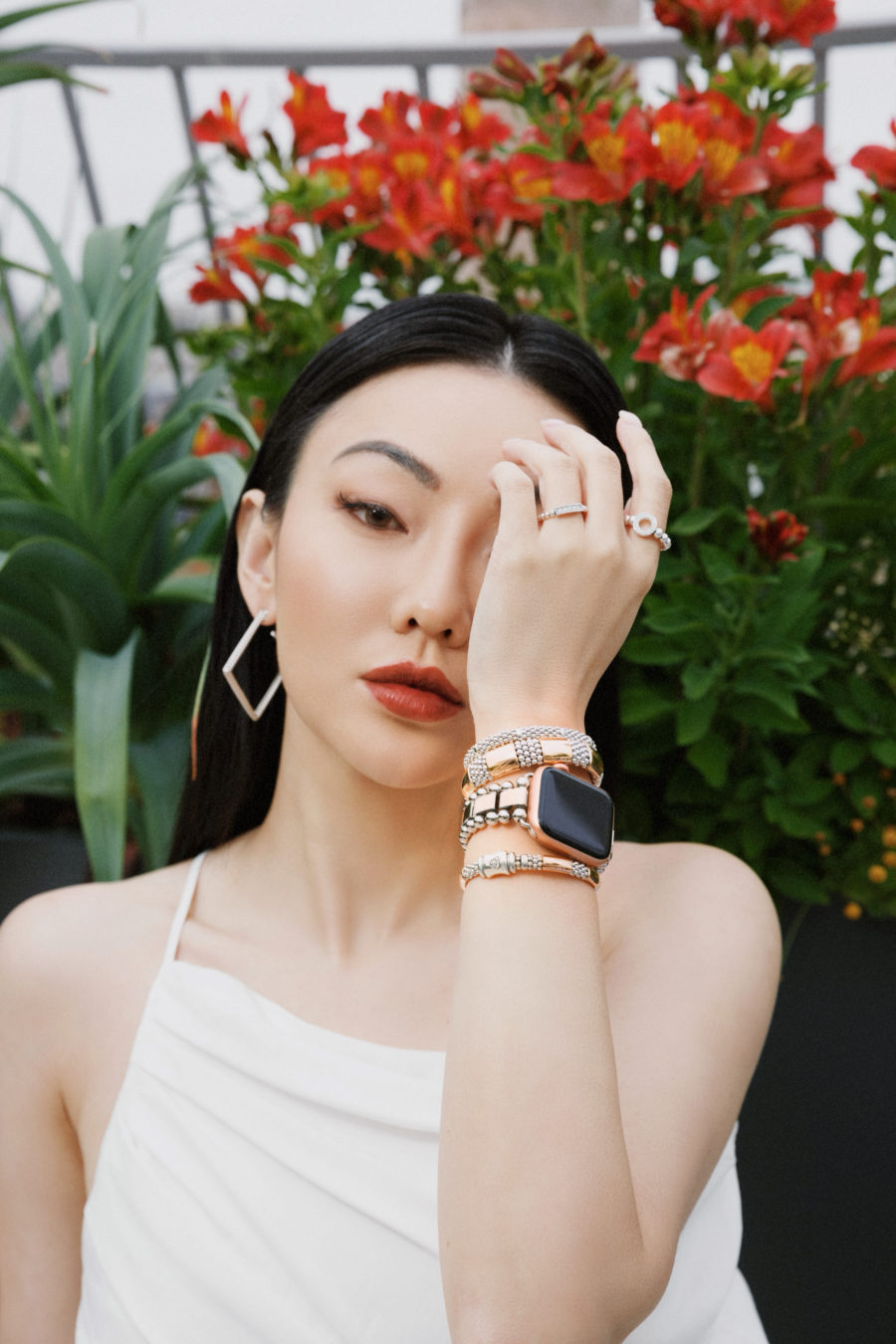 jessica wang wearing lagos jewelry and sharing anti-aging skincare products