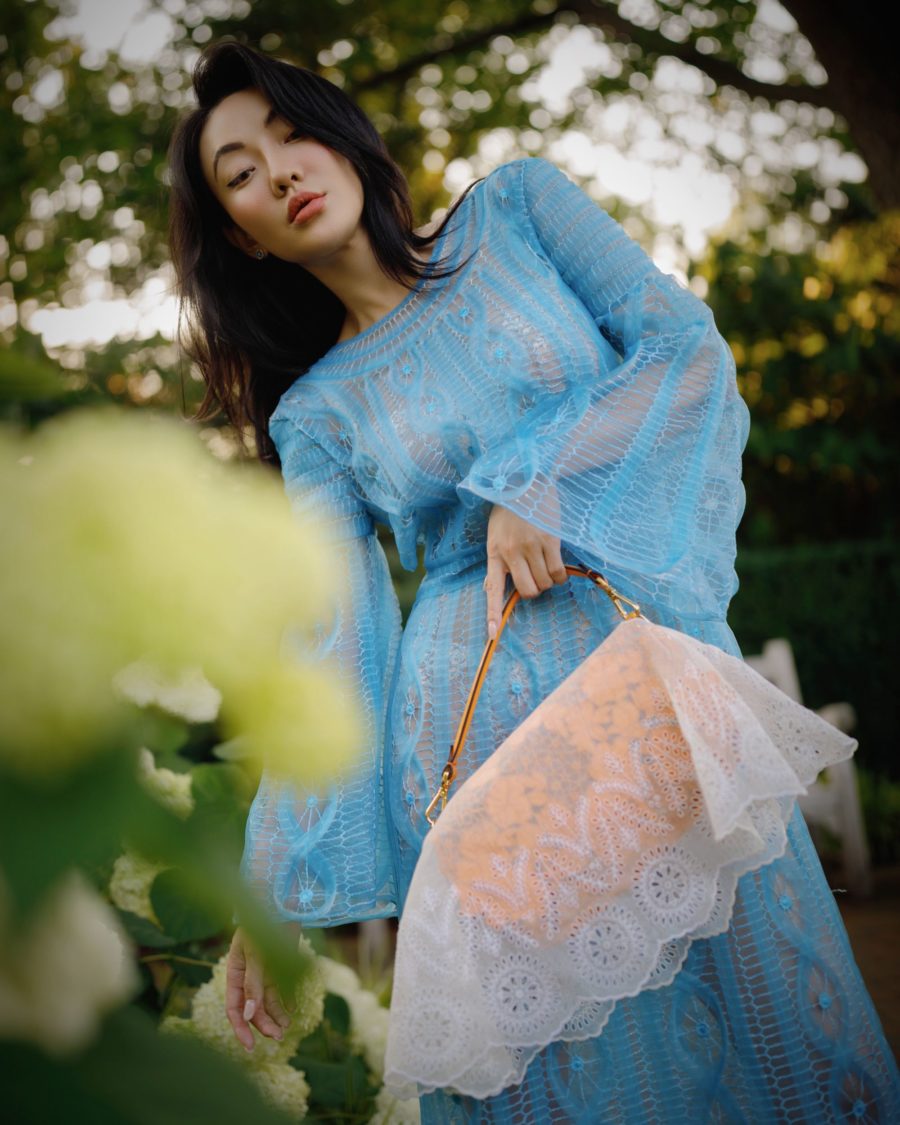 Jessica Wang wearing a blue lace dress while sharing her favorite outdoor activities in new york city // Jessica Wang - Notjessfashion.com