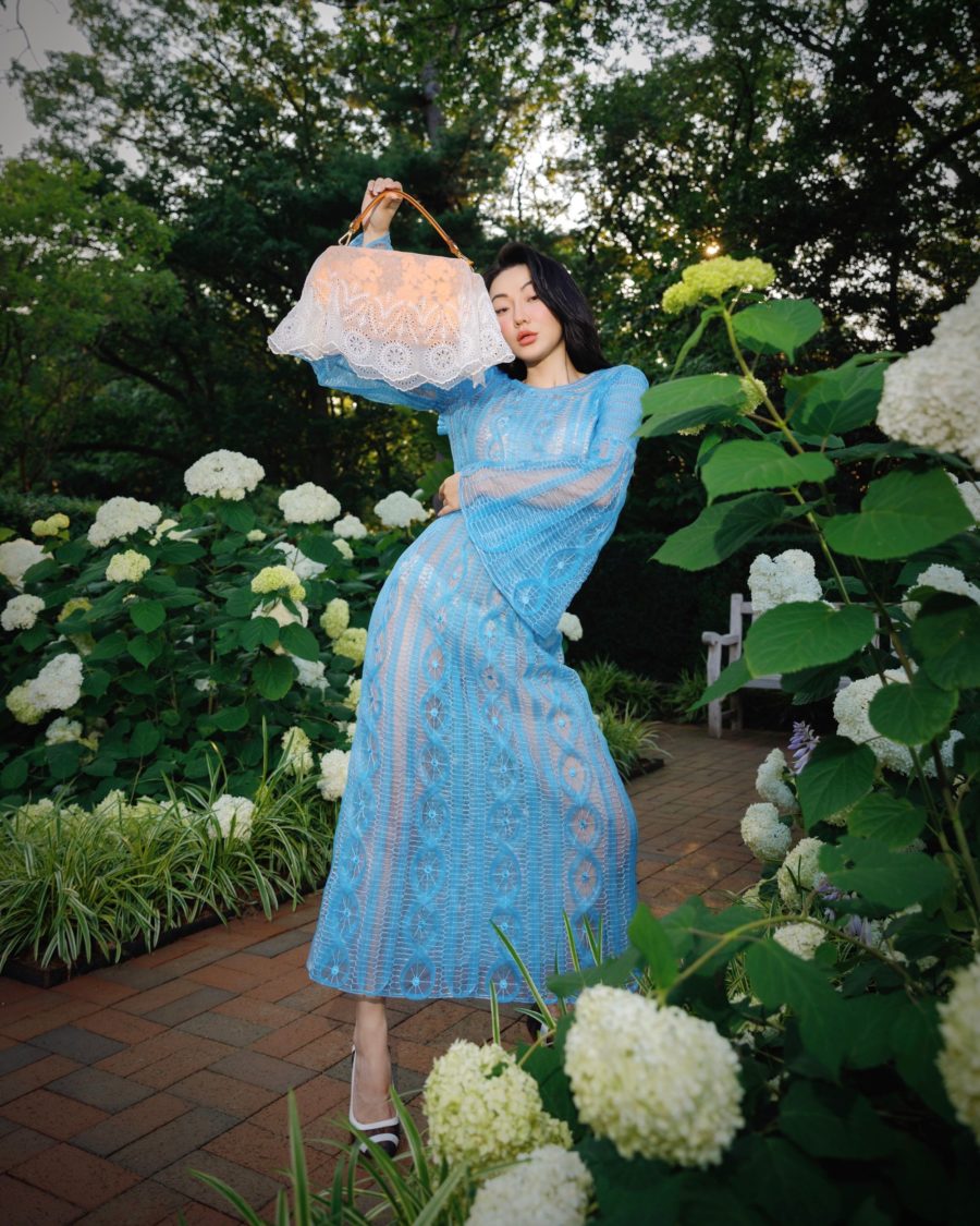 jessica wang wearing a blue mesh, embroidered dress featuring fendi, fendi pumps // Jessica Wang - Notjessfashion.com