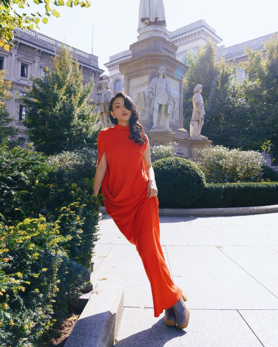 Jessica Wang wearing paris fashion week looks in a red sportsmax dress and stella mccartney platform boots // Jessica Wang - Notjessfashion.com