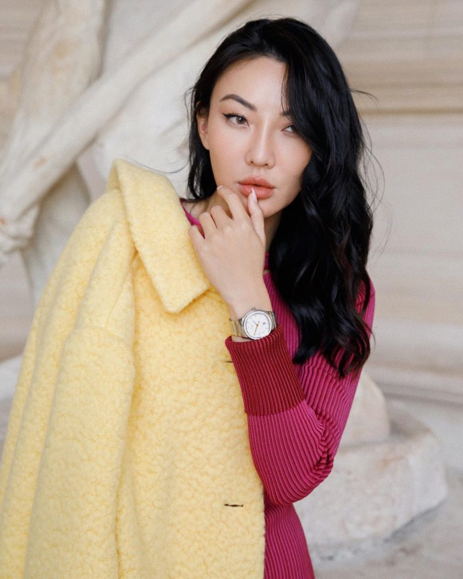 Jessica Wang wearing a prada wool coat with a sweater dress while sharing her no-makeup makeup look // Jessica Wang - Notjessfashion.com