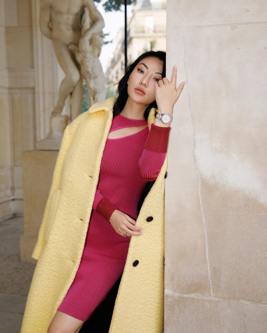 Jessica Wang wearing a wool yellow coat by Prada with a ribbed midi dress while sharing her favorite affordable fashion stores // Jessica Wang - Notjessfashion.com