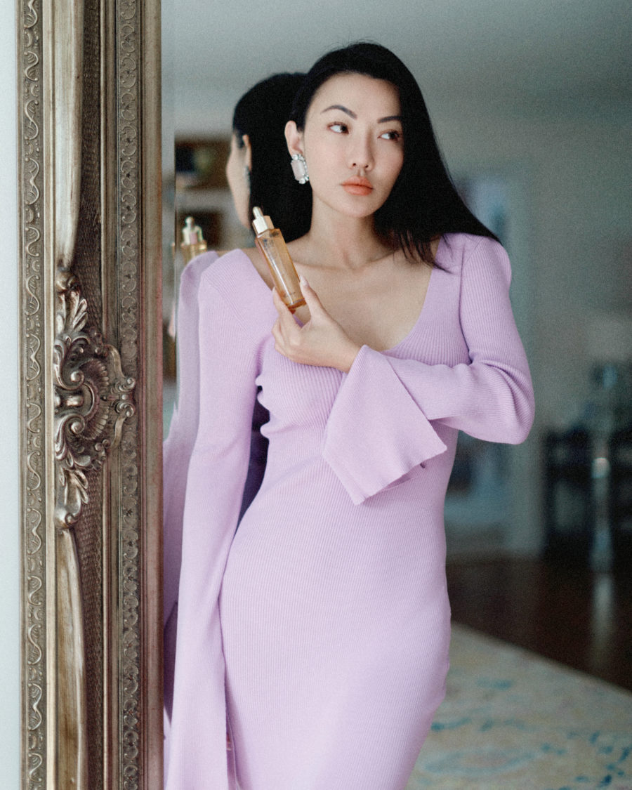 Jessica Wang wearing a lilac dress while sharing cult beauty products // Jessica Wang - Notjessfashion.com