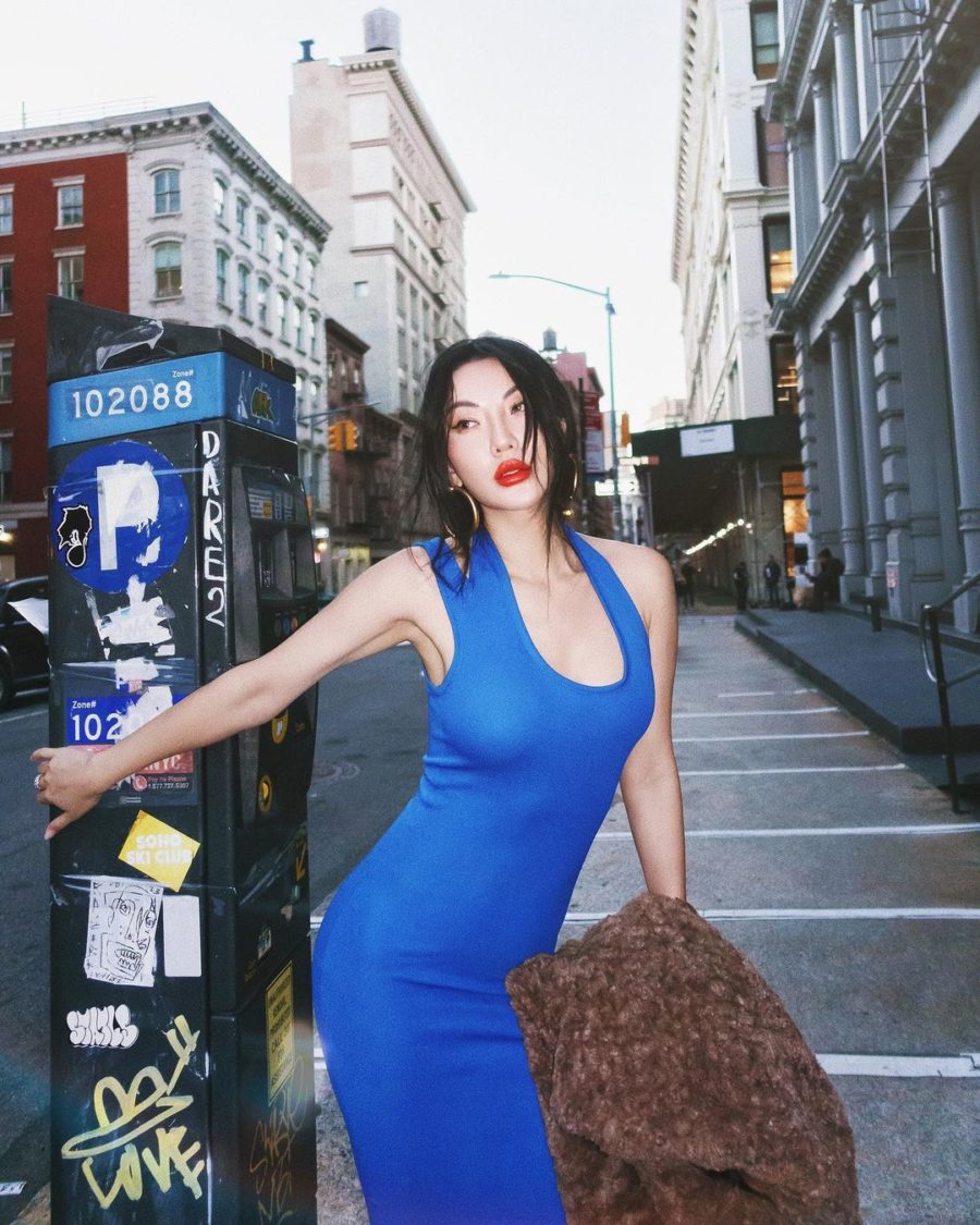 Jessica Wang wearing blue knit maxi dress while sharing her favorite holiday party outfits // Jessica Wang - Notjessfashion.com