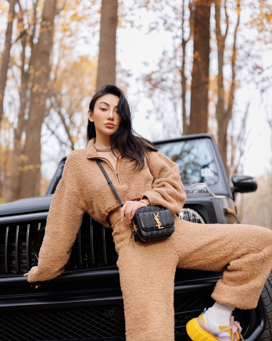 Jessica Wang wearing a matching tan set with a saint laurent crossbody bag while sharing the best early black friday sales, pre-black friday deals // Jessica Wang - Notjessfashion.com