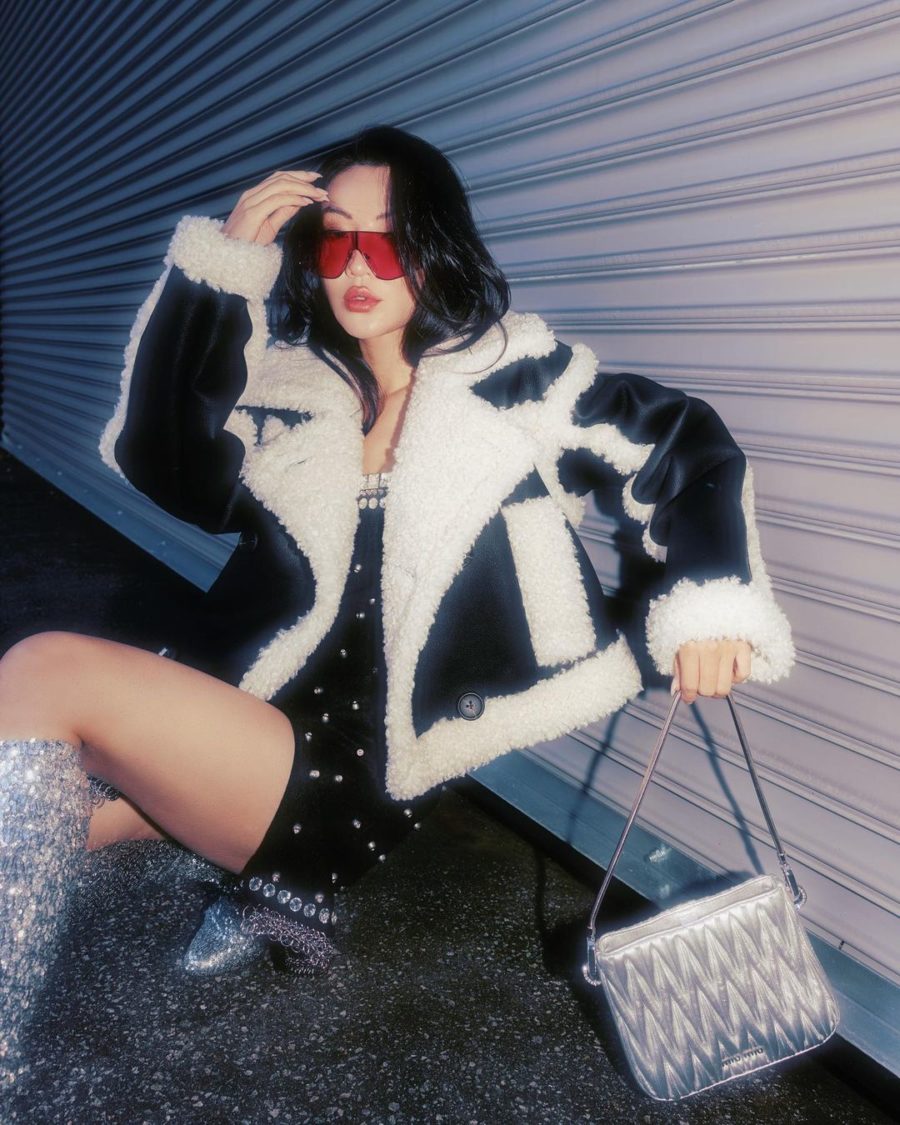 Jessica Wang wearing a sherpa jacket with an embellished dress and silver sequin boots for the holiday party season // Jessica Wang - Notjessfashion.com