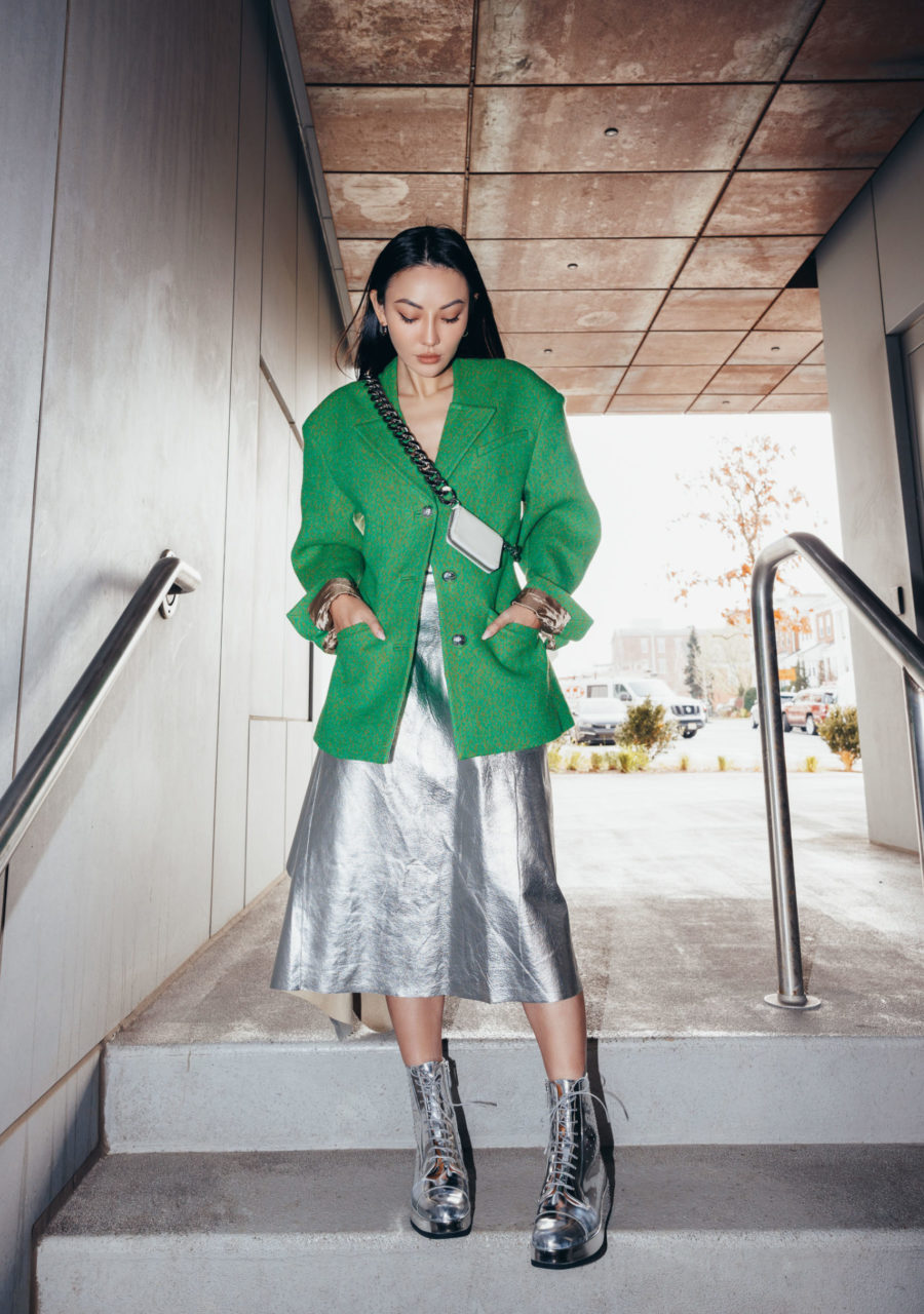 jessica wang wearing a green outfit with silver shoes while sharing 2021 winter shoe trends // Jessica Wang - Notjessfashion.com