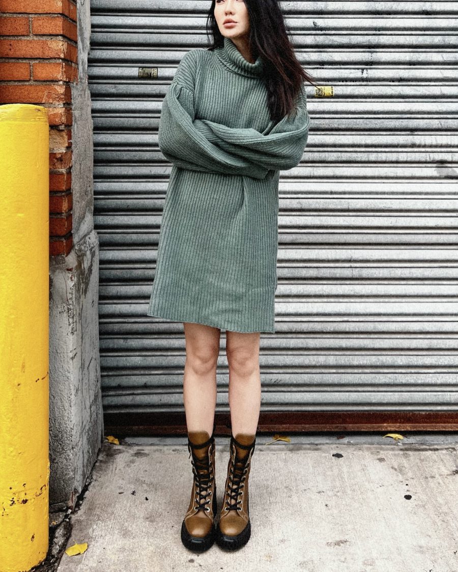 jessica wearing wearing a chunky knit sweater dress by free assembly from walmart while sharing affordable winter basics // Jessica Wang - Notjessfashion.com