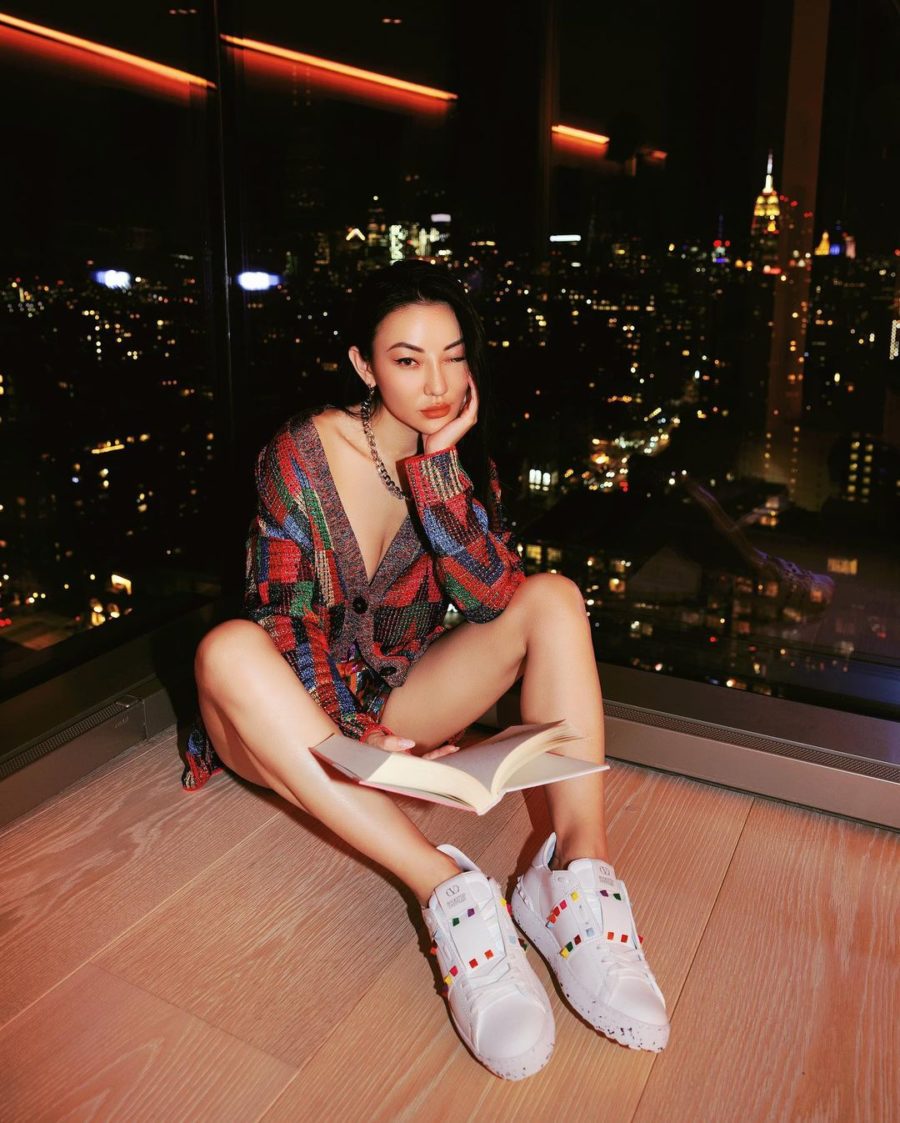 Jessica Wang wearing an oversized monogram caridgan with matching shorts featuring valentino while sharing emerging fashion brands // Jessica Wang - Notjessfashion.com
