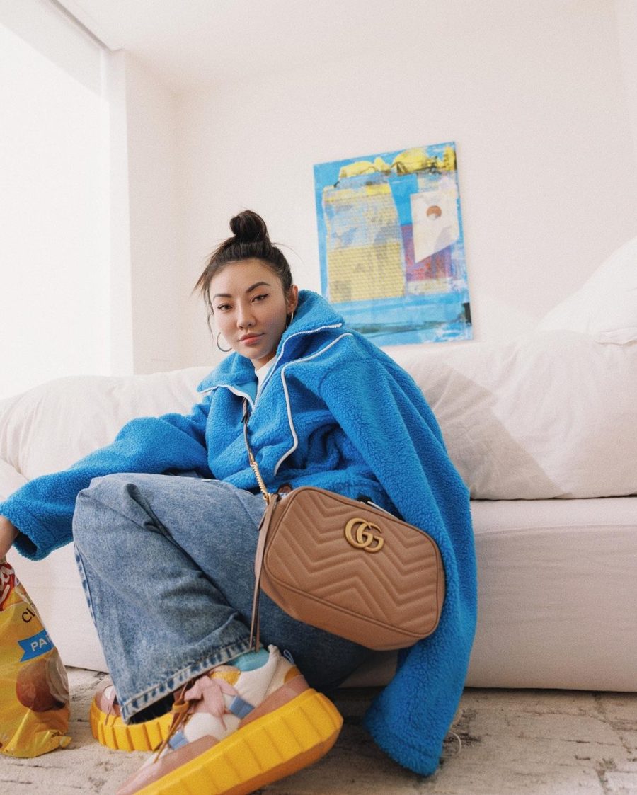 Jessica Wang wearing an blue fleece sweater with AGL chunky sneakers while sharing her favorite amazon home finds // Jessica Wang - Notjessfashion.com
