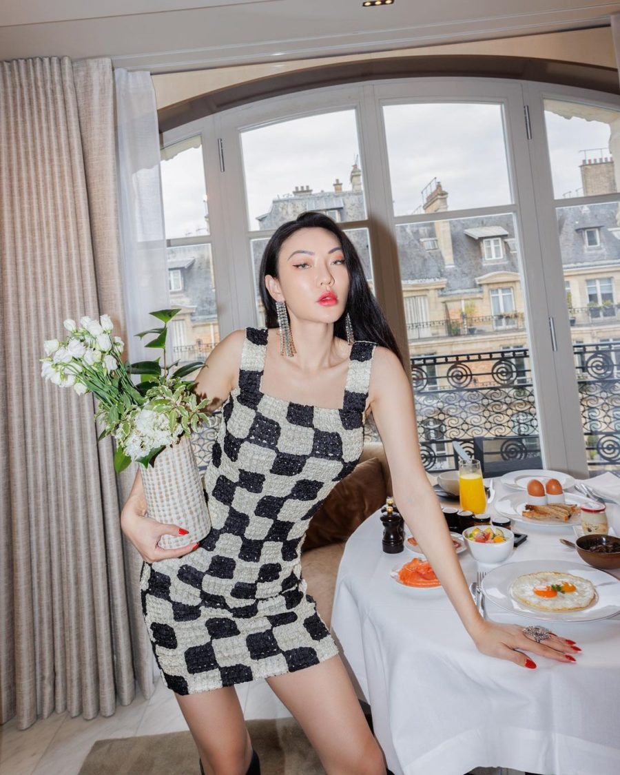 Jessica Wang wearing nostalgic fashion trends featuring a checkered mini dress // Jessica Wang - Notjessfashion.com