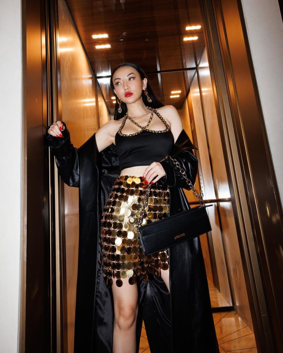Jessica Wang wearing an embellished crop top and sequin skirt while sharing her favorite spring makeup trends 2022 // Jessica Wang - Notjessfashion.com