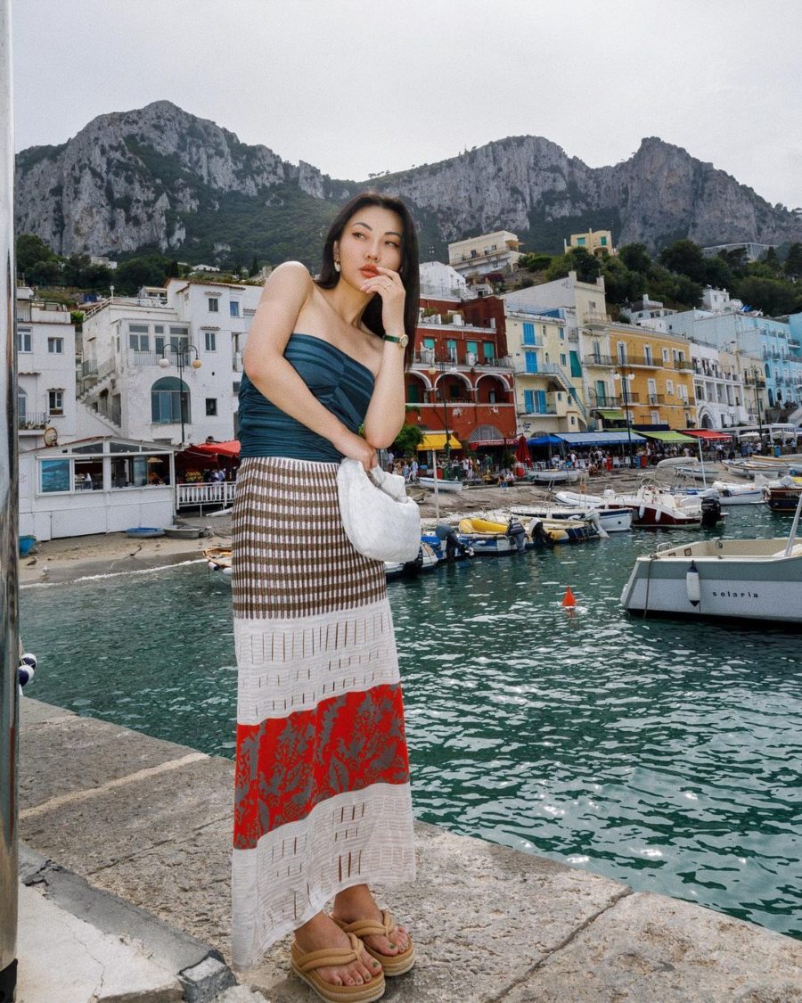Jessica Wang wearing a missoni dress and espadrille flip flops while sharing her warm weather getaway essentials // Jessica Wang - Notjessfashion.com