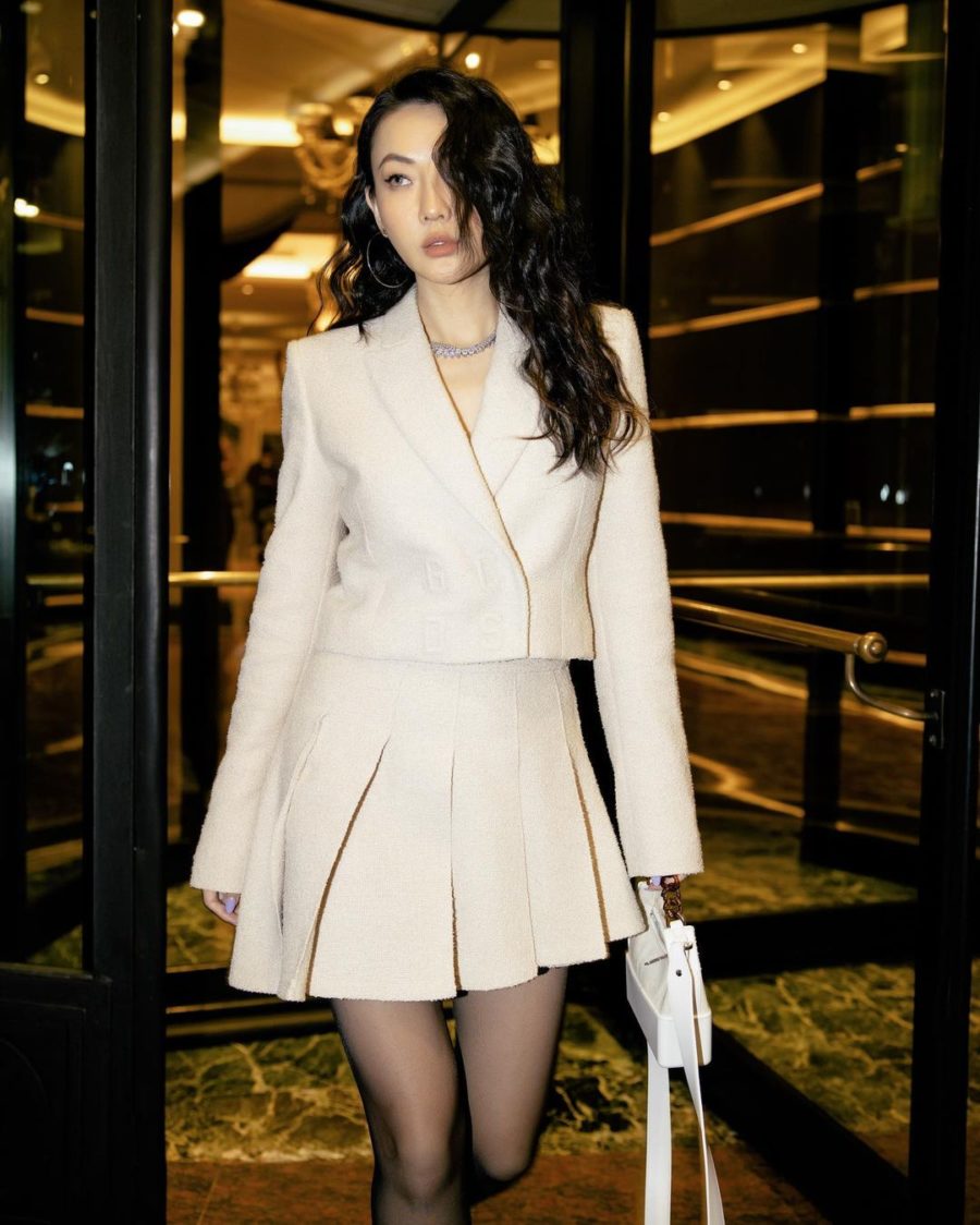 Jessica Wang wearing a blazer and a mini skirt with platform shoes // Jessica Wang - Notjessfashion.com