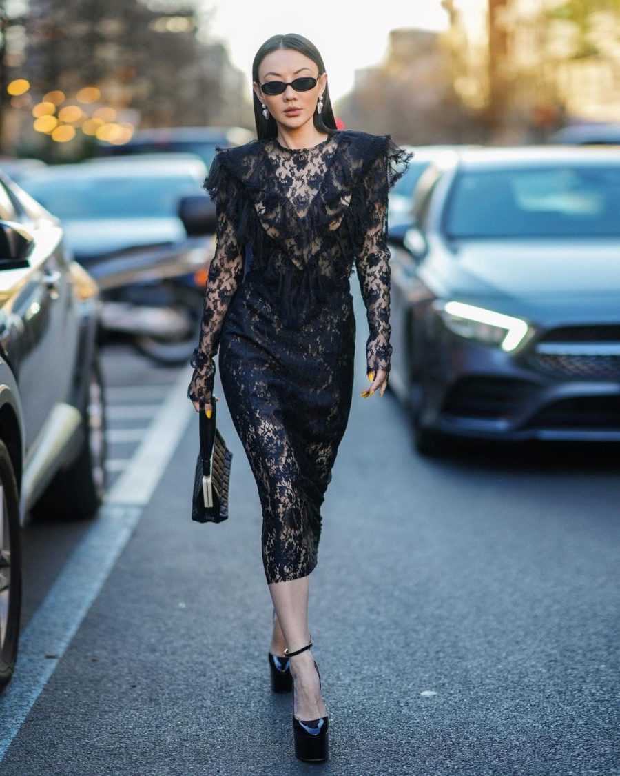 Jessica Wang wearing a lace black dress and platform shoes for spring // Jessica Wang - Notjessfashion.com