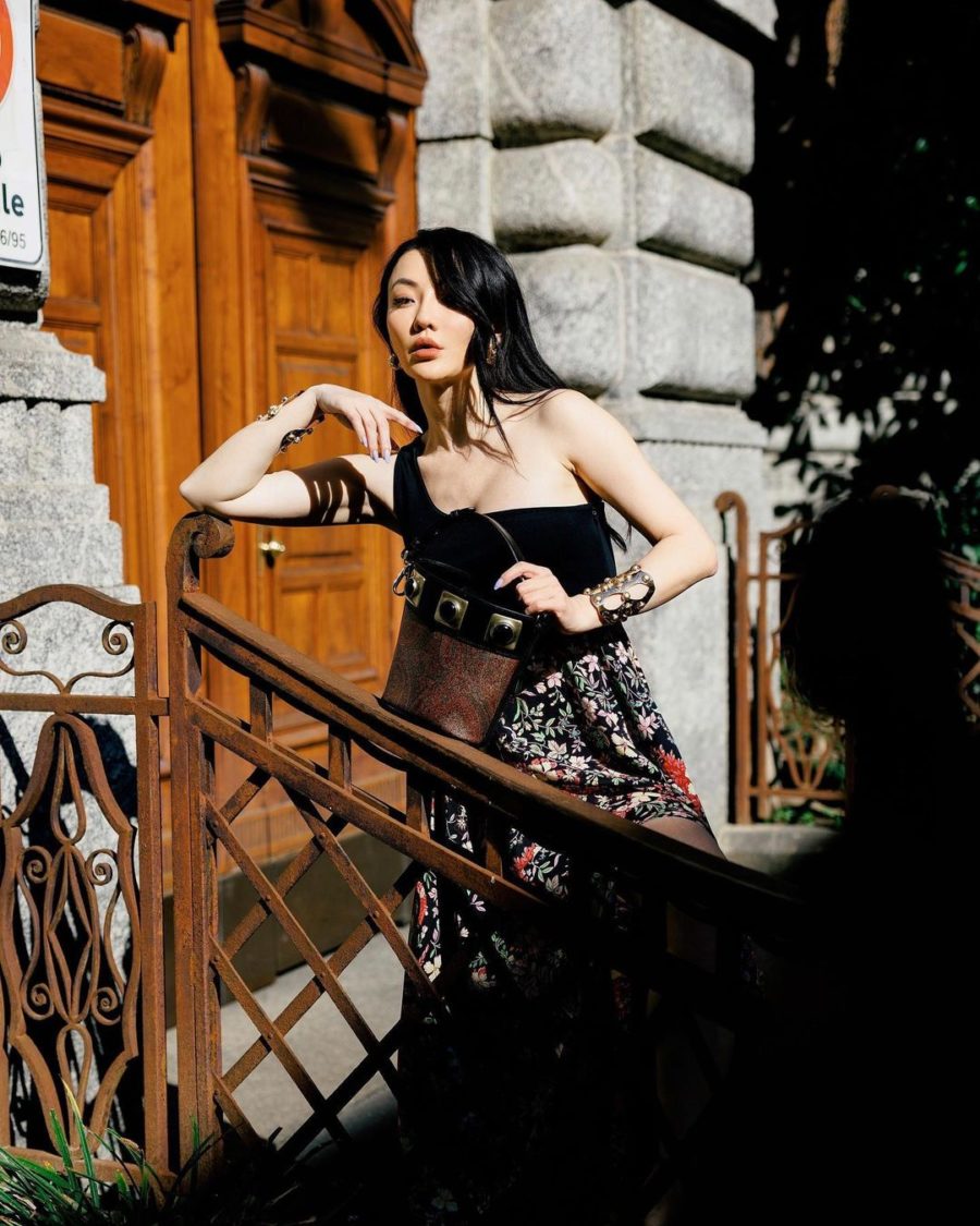 Jessica Wang wearing a one shoulder top and a maxi skirt with platform shoes // Jessica Wang - Notjessfashion.com